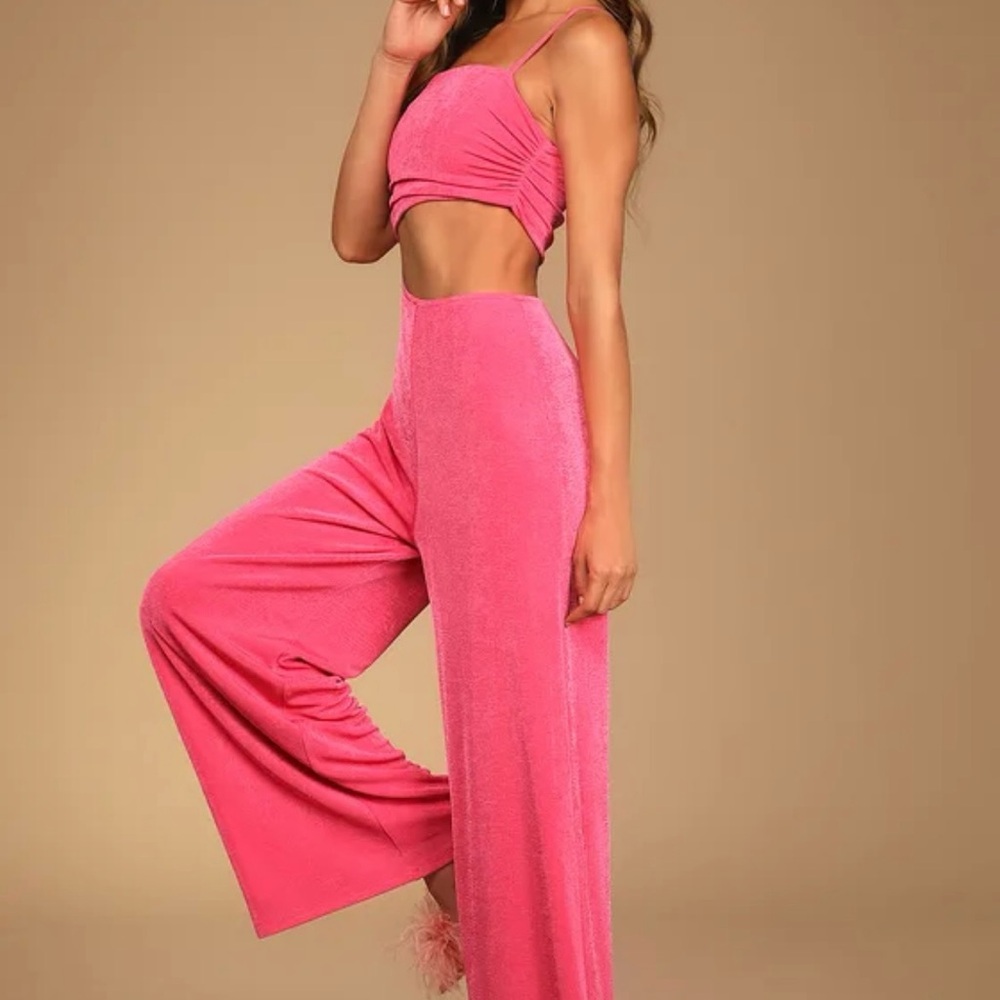NWT Lulu’s Hot Pink Asymmetrical Cutout Wide-Leg Jumpsuit